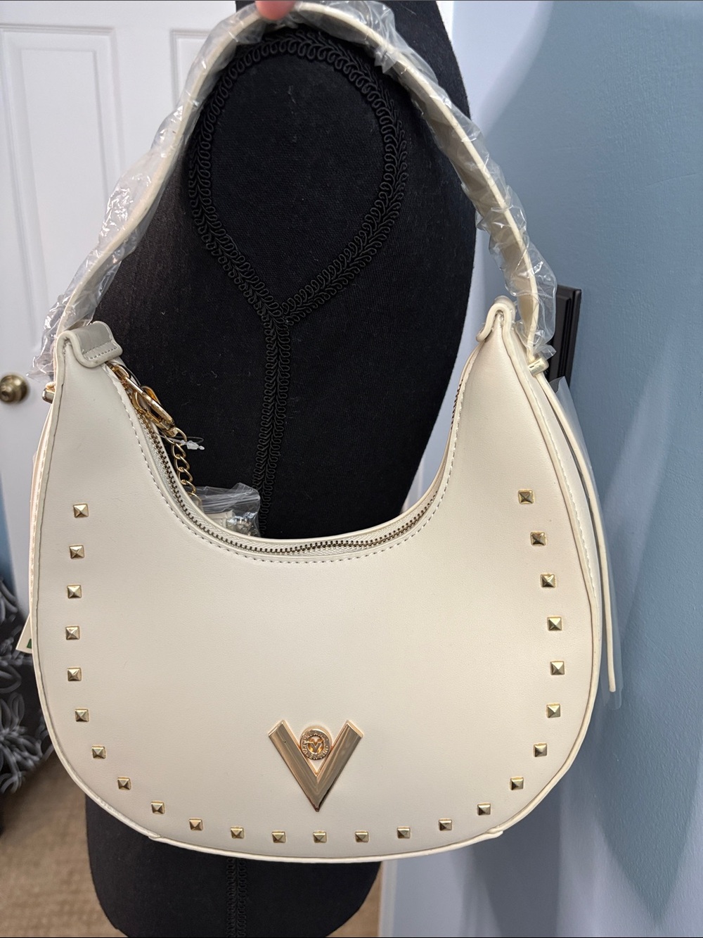 Valentino Orlandi Ivory Crescent Shoulder Bag with Gold V Emblem